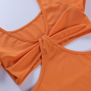 Rib Knotted Patchwork Side Cut Out Short Sleeve Bodycon Dress
