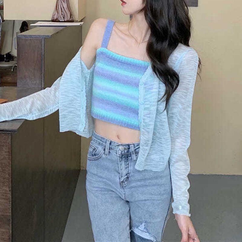 Ombre Knitted Tank Sweater Color Block Stripe Knit Sleeveless Summer Tops