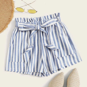 Striped High Waisted Paper bag Shorts Women's