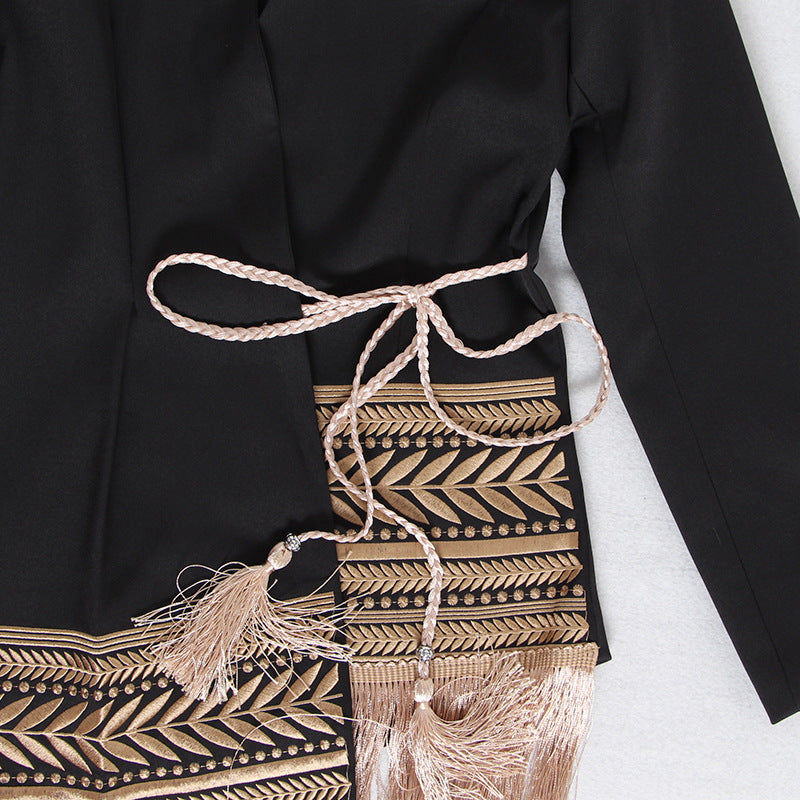 Boho Aztec Embroidery Tailored Contrast Tie Fringe Asymmetric Longline Blazer Dress With Tassels