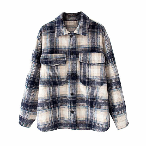 Classic Thick Colorblock Checked Button Down Shirt Jacket Woolen