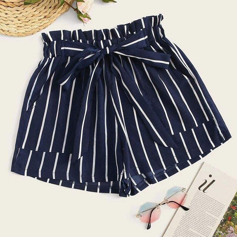 Striped High Waisted Paper bag Shorts Women's