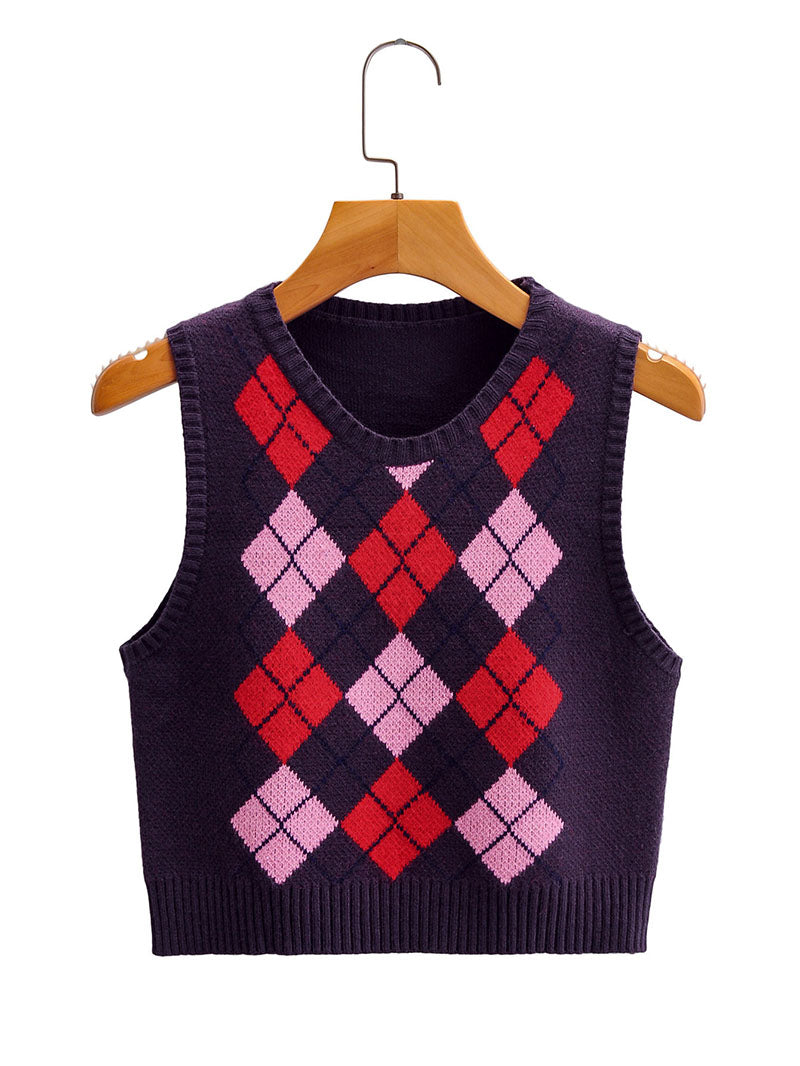 Checkered Cropped Knitted Tank Argyle Sleeveless Jumper