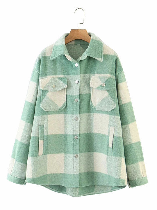 Classic Thick Colorblock Checked Button Down Shirt Jacket Woolen