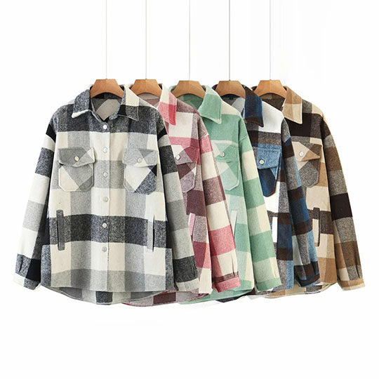 Classic Thick Colorblock Checked Button Down Shirt Jacket Woolen