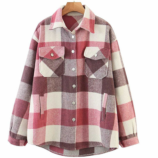 Classic Thick Colorblock Checked Button Down Shirt Jacket Woolen