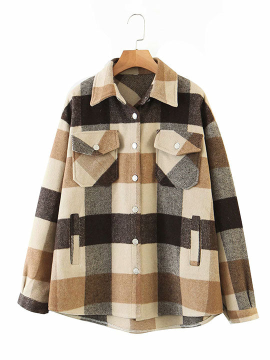 Classic Thick Colorblock Checked Button Down Shirt Jacket Woolen