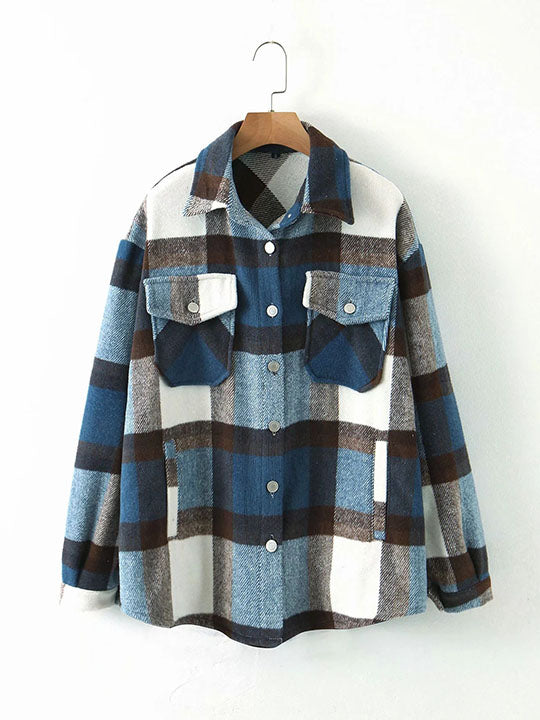 Classic Thick Colorblock Checked Button Down Shirt Jacket Woolen