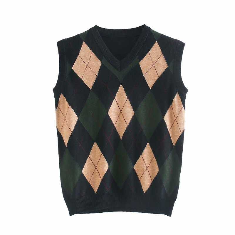 Checkered Cropped Knitted Tank Argyle Sleeveless Jumper