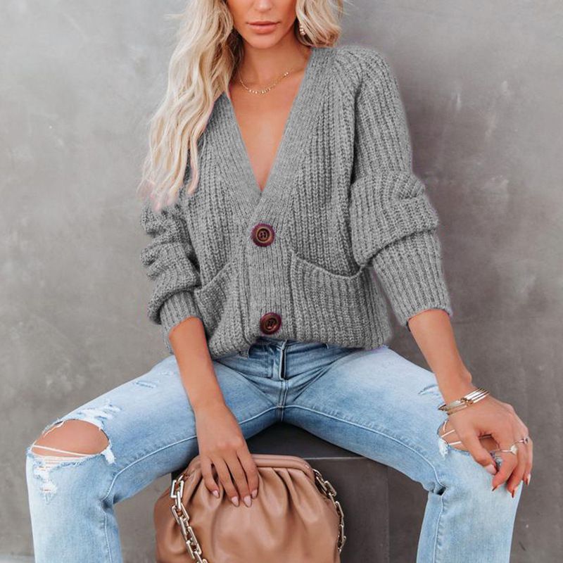 Casual Baggy Ribbed Knit V Neck Button Up Cardigan Sweater With Pocket