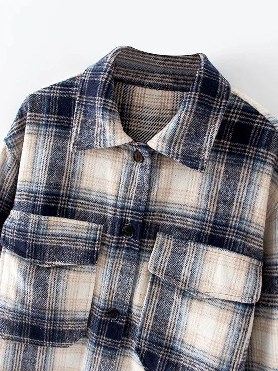 Classic Thick Colorblock Checked Button Down Shirt Jacket Woolen