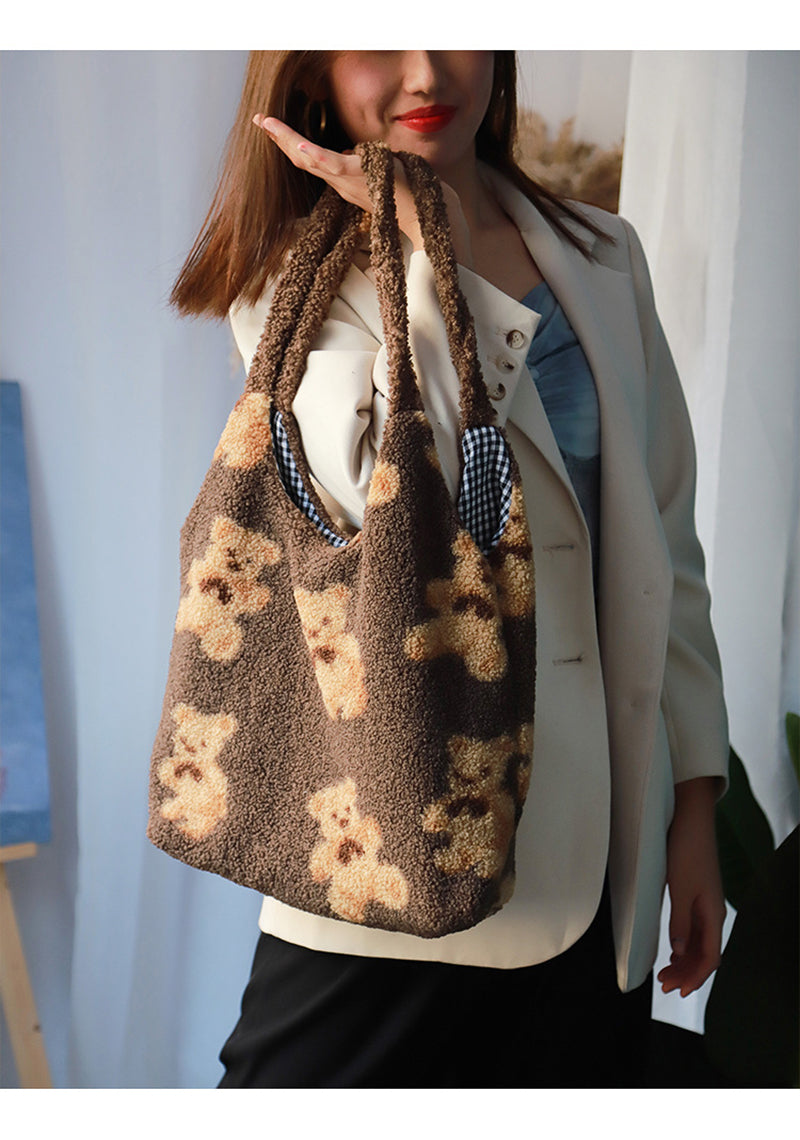 Cute Fluffy Teddy Bear Sherpa Tote Bag Faux Fur Handbags