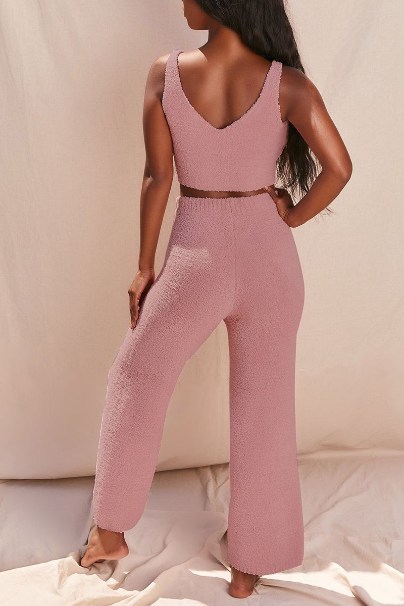 Matching Fuzzy Two piece Crop Tank Top And Fleece Pant Set