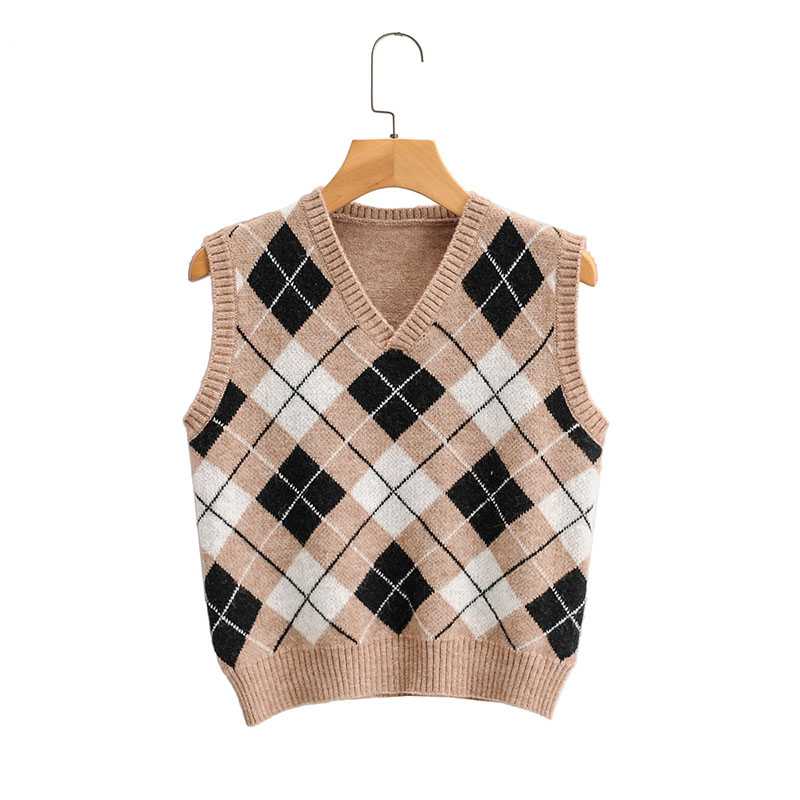 Checkered Cropped Knitted Tank Argyle Sleeveless Jumper