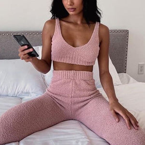 Matching Fuzzy Two piece Crop Tank Top And Fleece Pant Set