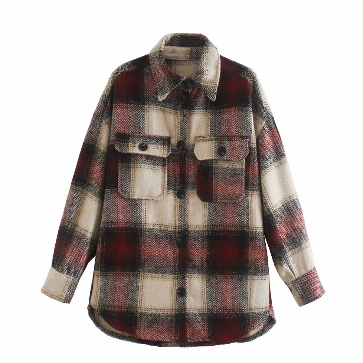 Classic Thick Colorblock Checked Button Down Shirt Jacket Woolen