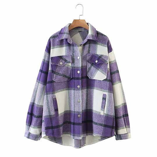 Classic Thick Colorblock Checked Button Down Shirt Jacket Woolen