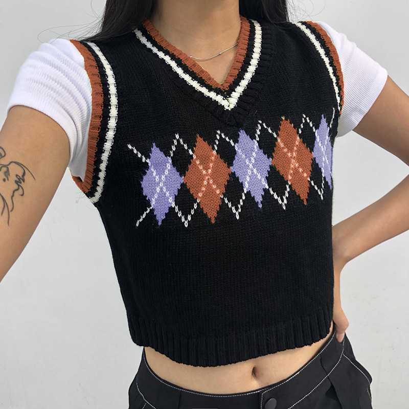 Checkered Cropped Knitted Tank Argyle Sleeveless Jumper