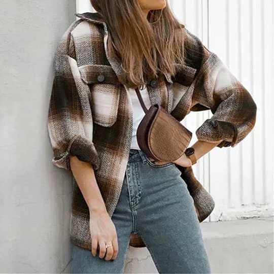 Classic Thick Colorblock Checked Button Down Shirt Jacket Woolen