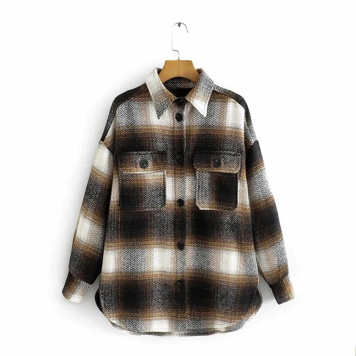 Classic Thick Colorblock Checked Button Down Shirt Jacket Woolen