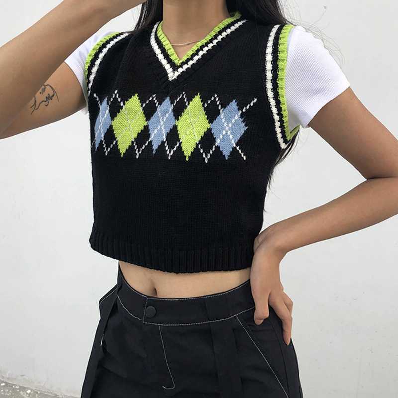 Checkered Cropped Knitted Tank Argyle Sleeveless Jumper