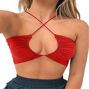 Elastic fitting Push Up Criss Cross Front Halter Wrap Top Lace Up Tie Back Cami