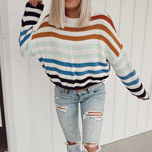 Blocked Colorful Stripes Cropped Turtleneck Sweater Long Sleeve