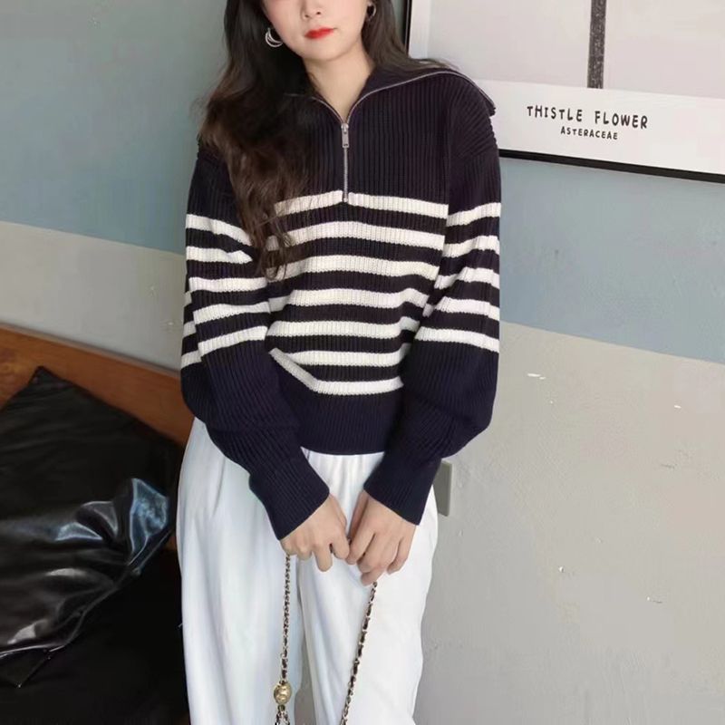 Soft Comfy Colour Block Stripes Polo Knitted Zip Pullover Sweater