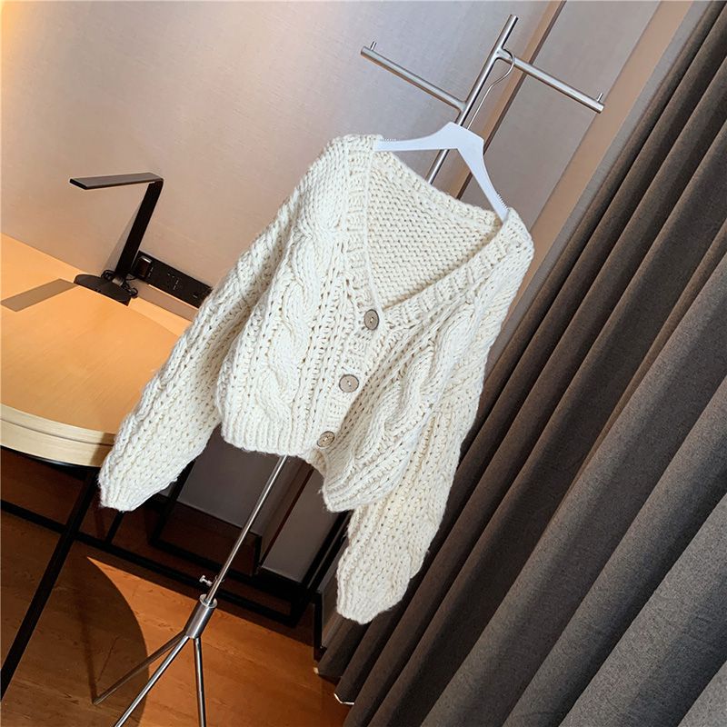 Hand Knitted Braid Chunky Cable Knit V Neck Button Crop Cardigan Sweater