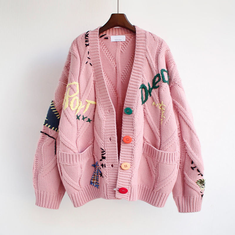 Cute Embroidered Patchwork Oversized College Braided Cardigan