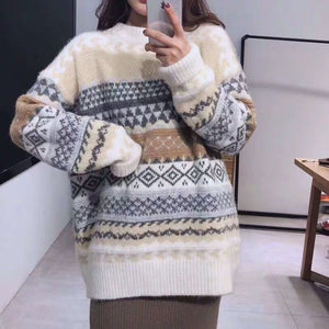 Retro Color Block Stripe Chunky Knitted Jumper Colored Knitwear Sweater