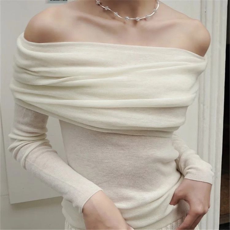 Cozy Rib Knitted Draped Off The Shoulder Top Blouse