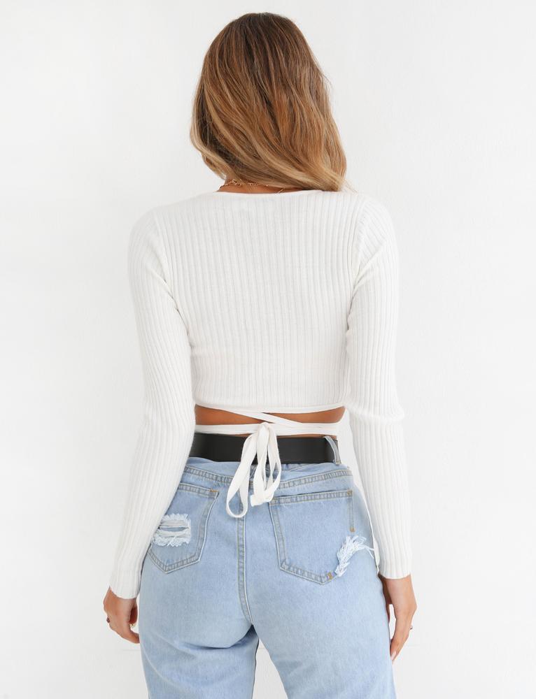 Oversized Tie Back Knitted Wrap Front Sweater Crop Tops