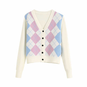 Classic Retro Color block Argyle Print Button Down Sweaters