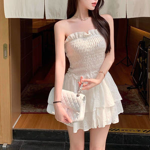 Tie Waist Smocked Pompom Trimed Layered Strapless Romper Shorts Bandeau Playsuits