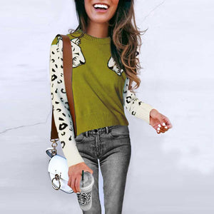 Contrast White Leopard Knit Crewneck Jumper Sweater Ribbed