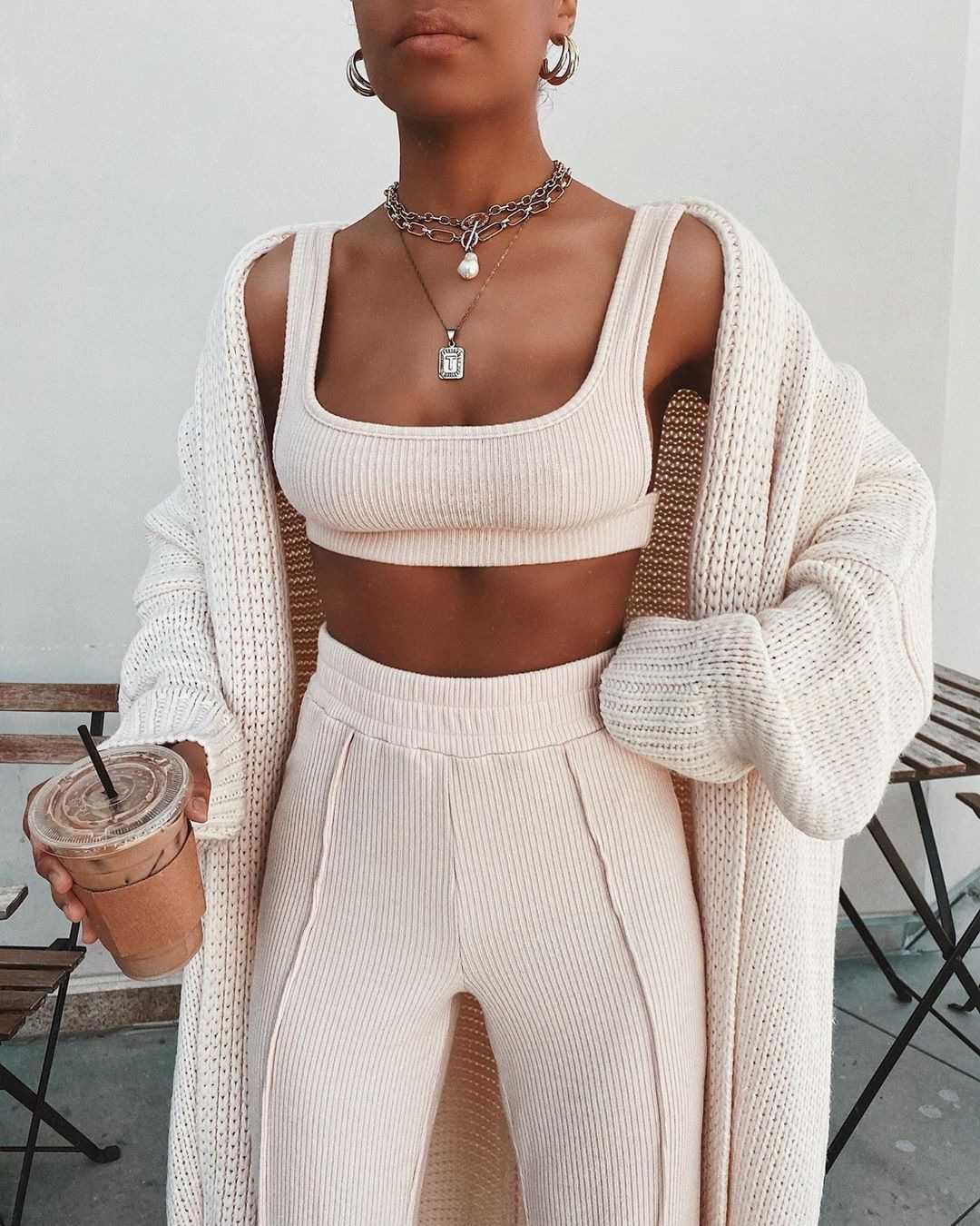 Knitted Two Piece Co ord Set Crop Top and Jogger Pant Outfit