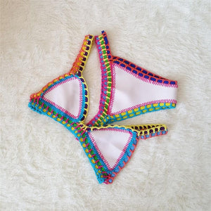 Pastel Rainbow Bohemian Trim Crochet Bathing Suit Swimsuit Sets