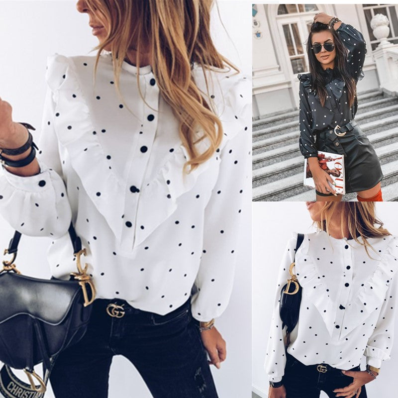 White Dotted Blouse Long Sleeve Ruffle Shirts With Dots