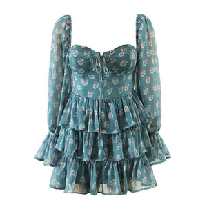 High Street Brand Floral Prints Square Neck Ruffle Tiered Chiffon Dresses