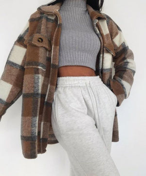 Classic Thick Colorblock Checked Button Down Shirt Jacket Woolen