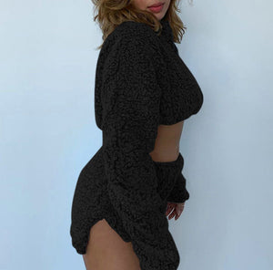 Fuzzy Cropped Faux Fur Teddy Pullover and Fleece shorts Co ord Set