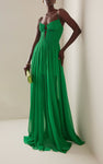 Slip Spaghettie Deep V Neck Cut Out Bustier Pleated Floor Length Gown Dress