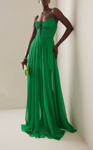 Slip Spaghettie Deep V Neck Cut Out Bustier Pleated Floor Length Gown Dress