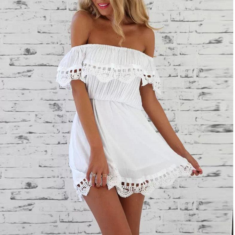 Lace Trimed Off The Shoulder White Mini-Dress Flowy