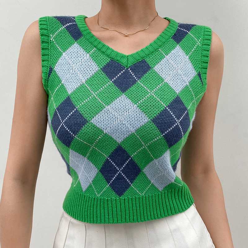 Checkered Cropped Knitted Tank Argyle Sleeveless Jumper