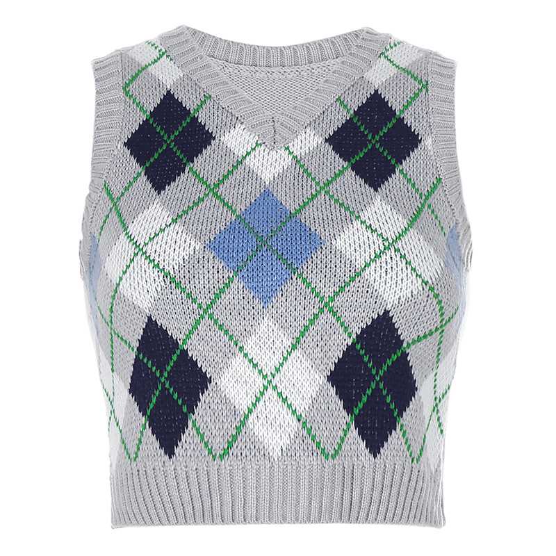 Checkered Cropped Knitted Tank Argyle Sleeveless Jumper