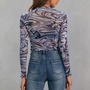 Retro Angel Cherub Printed Sheer Mesh High Neck Crop Top