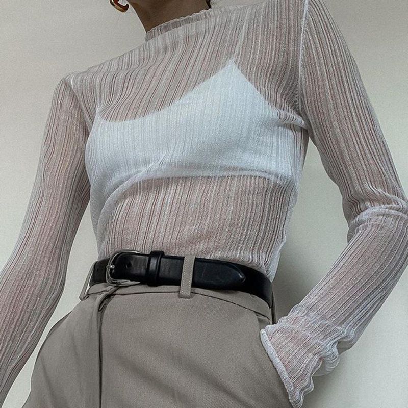 See Thru Pleated Rib Flare Long Sleeve Mesh Sheer Top