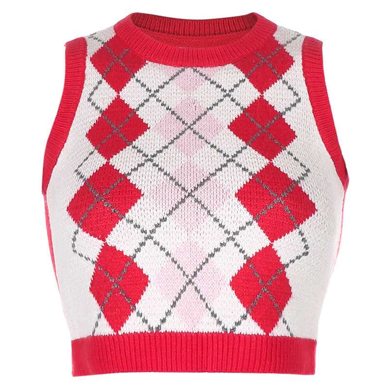 Checkered Cropped Knitted Tank Argyle Sleeveless Jumper